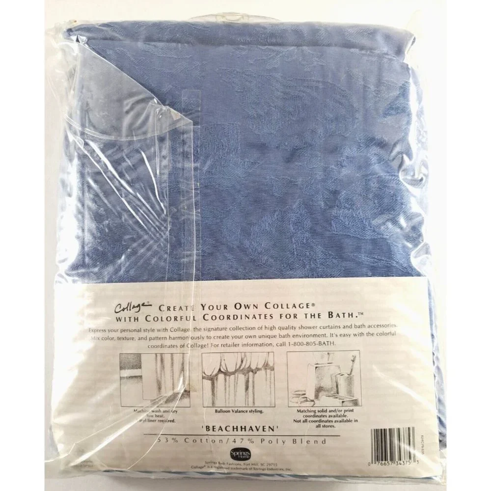 Collage Fabric Shower Curtain Beach Haven Textured Sea Shells Blue Jacquard NEW
